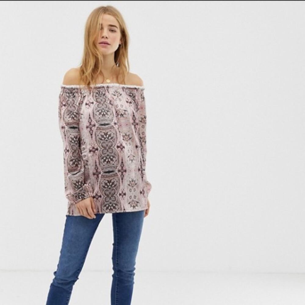 ASOS Border Print Satin Off Shoulder Top Pink Size Small